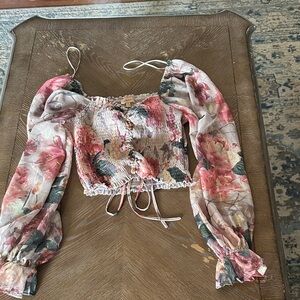 Smocked Floral Off-Shoulder Crop Top - Pink Multi